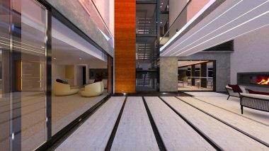 Oturma odasının şömineli 3D görüntüsü.