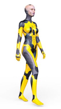 Yürüyen bir kadın sayborgun 3 boyutlu tasviri