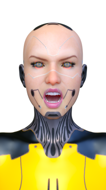 Dişi bir sayborgun yüzünün 3 boyutlu görüntüsü.