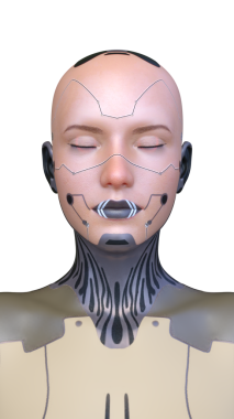 Dişi bir sayborgun yüzünün 3 boyutlu görüntüsü.