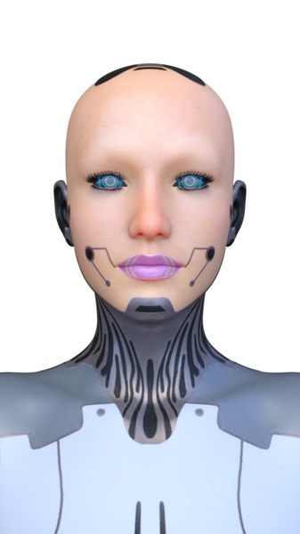 Dişi bir sayborgun yüzünün 3 boyutlu görüntüsü.