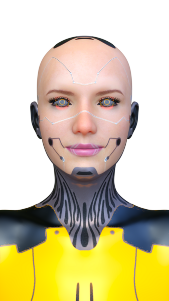 Dişi bir sayborgun yüzünün 3 boyutlu görüntüsü.