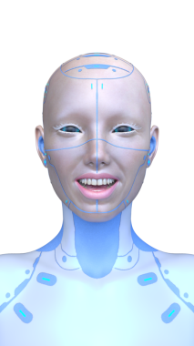 Dişi bir sayborgun yüzünün 3 boyutlu görüntüsü.