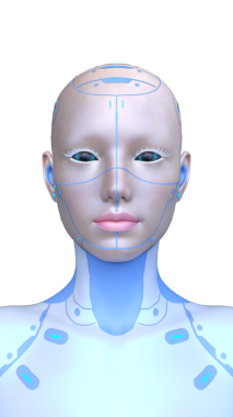 Dişi bir sayborgun yüzünün 3 boyutlu görüntüsü.
