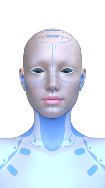 Dişi bir sayborgun yüzünün 3 boyutlu görüntüsü.