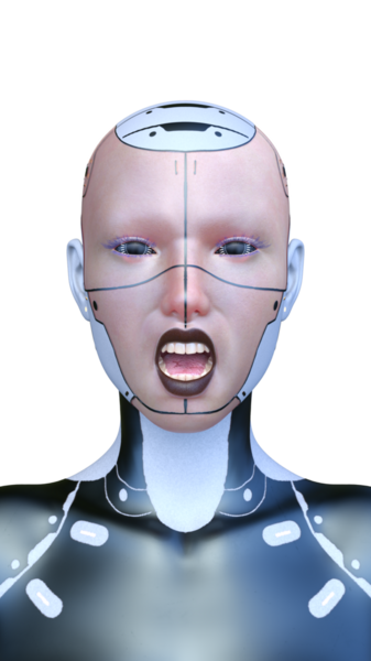 Dişi bir sayborgun yüzünün 3 boyutlu görüntüsü.