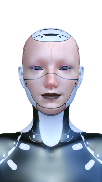 Dişi bir sayborgun yüzünün 3 boyutlu görüntüsü.