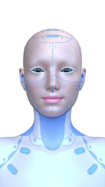 Dişi bir sayborgun yüzünün 3 boyutlu görüntüsü.