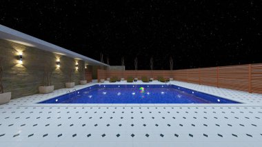 Evin yüzme havuzlu 3D görüntüsü