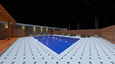 Evin yüzme havuzlu 3D görüntüsü