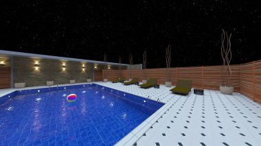 Evin yüzme havuzlu 3D görüntüsü