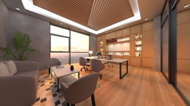 Camla çevrili toplantı odalarının 3 boyutlu canlandırması