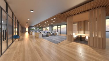 Camla çevrili toplantı odalarının 3 boyutlu canlandırması