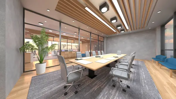 Camla çevrili toplantı odalarının 3 boyutlu canlandırması