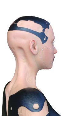 Dişi bir sayborgun yüzünün 3 boyutlu görüntüsü.