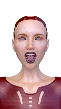 Dişi bir sayborgun yüzünün 3 boyutlu görüntüsü.