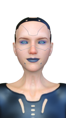 Dişi bir sayborgun yüzünün 3 boyutlu görüntüsü.