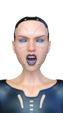 Dişi bir sayborgun yüzünün 3 boyutlu görüntüsü.