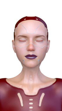 Dişi bir sayborgun yüzünün 3 boyutlu görüntüsü.