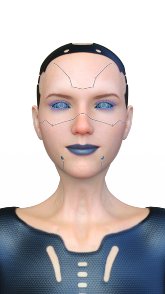 Dişi bir sayborgun yüzünün 3 boyutlu görüntüsü.