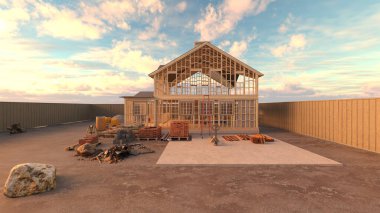 Tahta evin 3 boyutlu görüntüsü