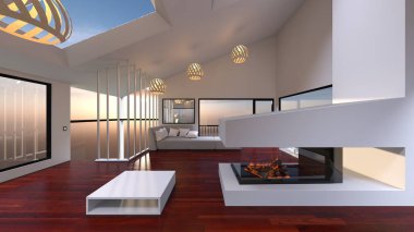 Büyük pencereli oturma odasının 3B görüntüsü