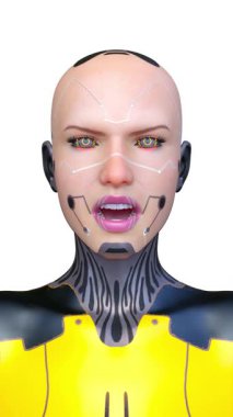 Dişi bir sayborgun yüzünün 3 boyutlu görüntüsü.