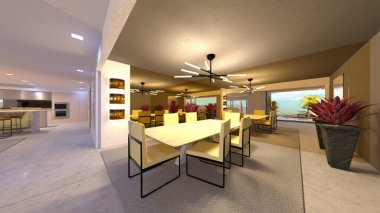 Büyük pencereli oturma odasının 3B görüntüsü