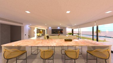 Büyük pencereli oturma odasının 3B görüntüsü