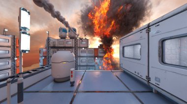 Gelecekteki şehir manzarasının 3D görüntüsü saldırı altında