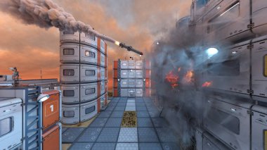 Gelecekteki şehir manzarasının 3D görüntüsü saldırı altında