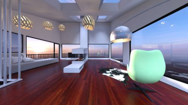 Oturma odasının şömineli 3D görüntüsü.