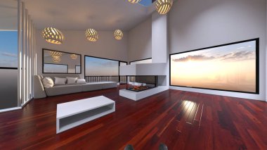 Oturma odasının şömineli 3D görüntüsü.