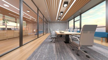 Camla çevrili toplantı odalarının 3 boyutlu canlandırması