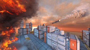 Gelecekteki şehir manzarasının 3D görüntüsü saldırı altında