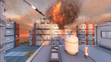 Gelecekteki şehir manzarasının 3D görüntüsü saldırı altında