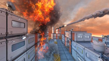 Gelecekteki şehir manzarasının 3D görüntüsü saldırı altında