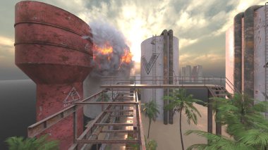 Gelecekteki şehir manzarasının 3D görüntüsü saldırı altında