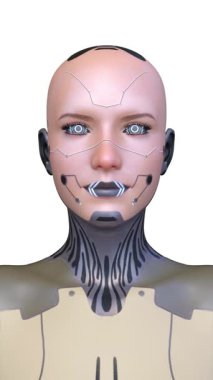 Dişi bir sayborgun yüzünün 3 boyutlu görüntüsü.