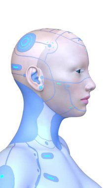 Dişi bir sayborgun yüzünün 3 boyutlu görüntüsü.