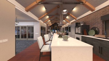 Oturma odasının ve büyük pencereli yemek mutfağının 3 boyutlu görüntüsü.