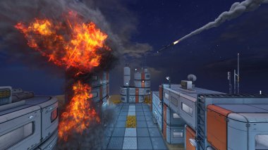 Gelecekteki şehir manzarasının 3D görüntüsü saldırı altında