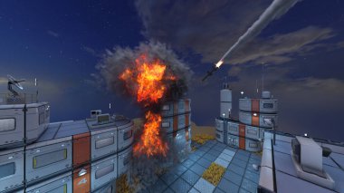 Gelecekteki şehir manzarasının 3D görüntüsü saldırı altında