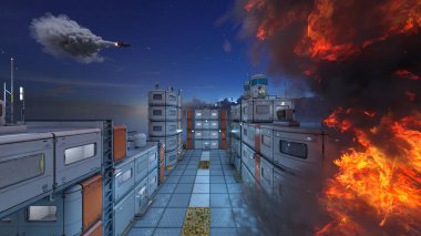 Gelecekteki şehir manzarasının 3D görüntüsü saldırı altında