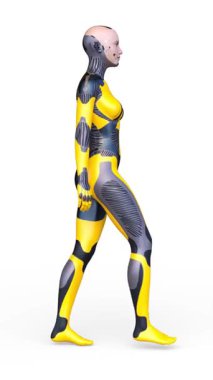 Yürüyen bir kadın sayborgun 3 boyutlu tasviri