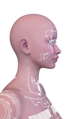 Dişi bir sayborgun yüzünün 3 boyutlu görüntüsü.