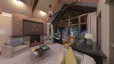 Oturma odasının ve büyük pencereli yemek mutfağının 3 boyutlu görüntüsü.