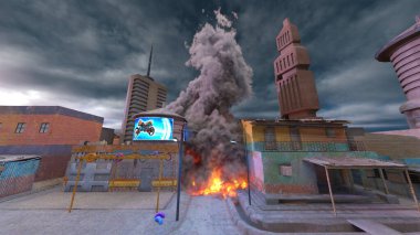 Gelecekteki şehir manzarasının 3D görüntüsü saldırı altında