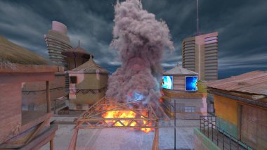 Gelecekteki şehir manzarasının 3D görüntüsü saldırı altında