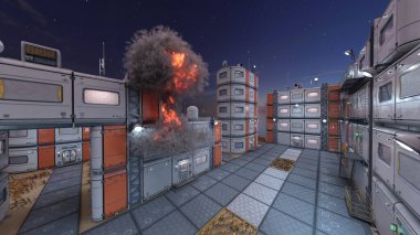 Gelecekteki şehir manzarasının 3D görüntüsü saldırı altında